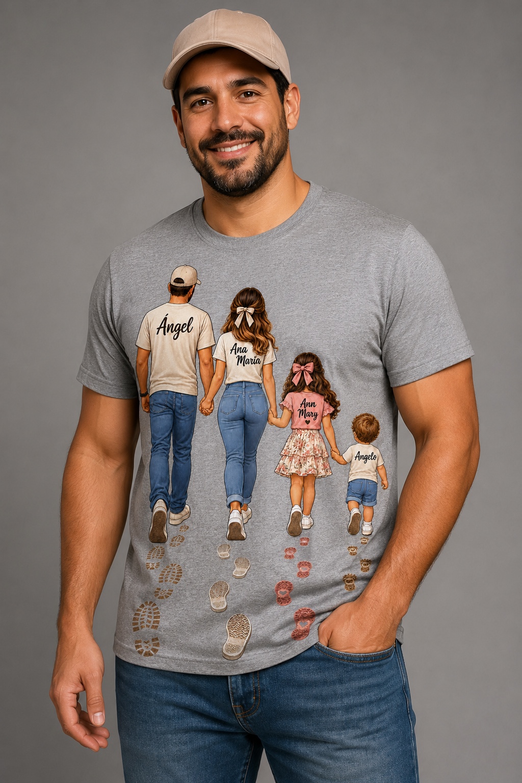 Hombre usando franela gris con estampado familiar personalizado
